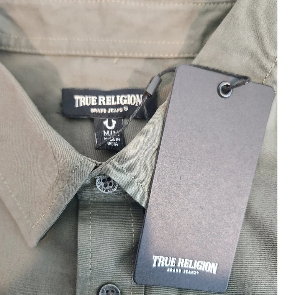 True Religion Mens Olive Green Short Sleeve Button Down Utility Shirt Size M NWT